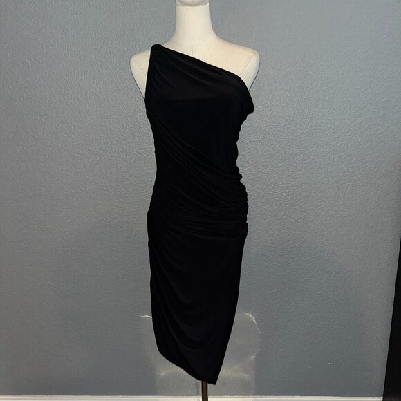 NORMA KAMALI DIANA GOWN - BLACK ONE SHOULDER RUCHED MIDI DRESS  - Size S / 36 - Picture 1 of 16